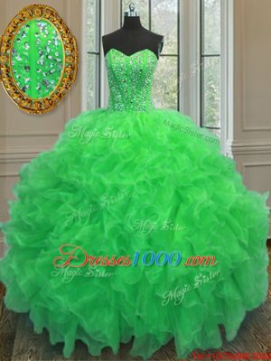 Sumptuous Sleeveless Organza Floor Length Lace Up Ball Gown Prom Dress in Green for with Beading and Ruffles
