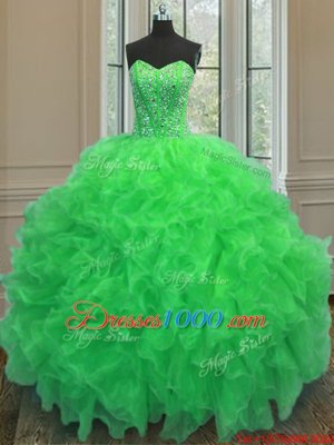 Sumptuous Sleeveless Organza Floor Length Lace Up Ball Gown Prom Dress in Green for with Beading and Ruffles