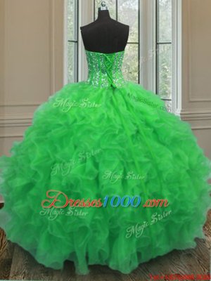 Sumptuous Sleeveless Organza Floor Length Lace Up Ball Gown Prom Dress in Green for with Beading and Ruffles