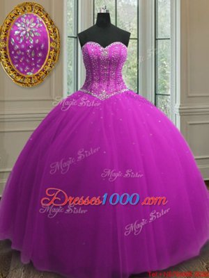 Low Price Sleeveless Tulle Floor Length Lace Up Quinceanera Gowns in Purple for with Beading and Sequins