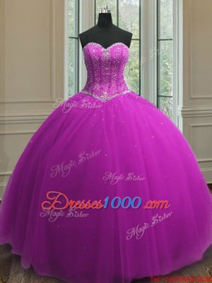 Low Price Sleeveless Tulle Floor Length Lace Up Quinceanera Gowns in Purple for with Beading and Sequins