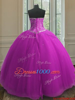 Low Price Sleeveless Tulle Floor Length Lace Up Quinceanera Gowns in Purple for with Beading and Sequins