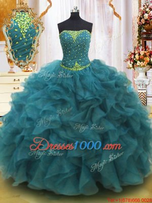 Chic Teal Ball Gowns Beading and Ruffles 15th Birthday Dress Lace Up Organza Sleeveless Floor Length