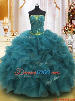 Chic Teal Ball Gowns Beading and Ruffles 15th Birthday Dress Lace Up Organza Sleeveless Floor Length