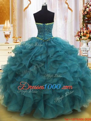 Chic Teal Ball Gowns Beading and Ruffles 15th Birthday Dress Lace Up Organza Sleeveless Floor Length