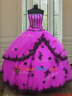 Fuchsia Lace Up Strapless Appliques Quince Ball Gowns Tulle Sleeveless