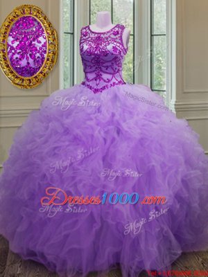 Scoop Floor Length Lavender Quinceanera Gown Tulle Sleeveless Beading and Ruffles