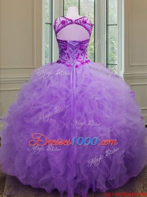 Scoop Floor Length Lavender Quinceanera Gown Tulle Sleeveless Beading and Ruffles