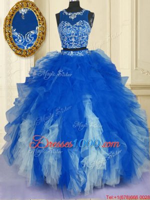 Blue And White Two Pieces Scoop Sleeveless Tulle Floor Length Zipper Beading and Ruffles Sweet 16 Quinceanera Dress