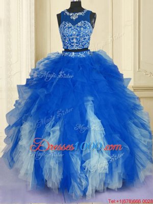 Blue And White Two Pieces Scoop Sleeveless Tulle Floor Length Zipper Beading and Ruffles Sweet 16 Quinceanera Dress