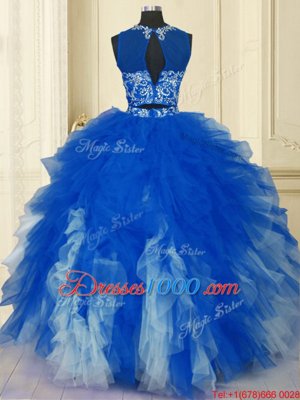 Blue And White Two Pieces Scoop Sleeveless Tulle Floor Length Zipper Beading and Ruffles Sweet 16 Quinceanera Dress