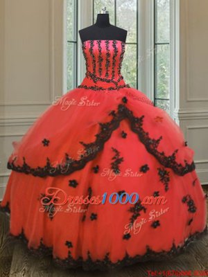 Red Ball Gowns Strapless Sleeveless Tulle Floor Length Lace Up Appliques 15th Birthday Dress