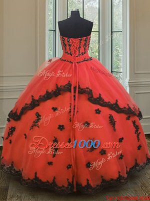 Red Ball Gowns Strapless Sleeveless Tulle Floor Length Lace Up Appliques 15th Birthday Dress