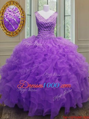 Purple V-neck Zipper Beading and Ruffles Sweet 16 Dresses Sleeveless