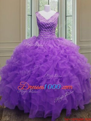 Purple V-neck Zipper Beading and Ruffles Sweet 16 Dresses Sleeveless