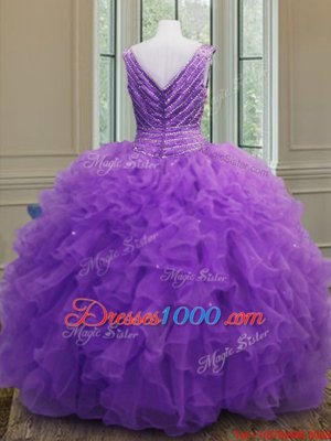 Purple V-neck Zipper Beading and Ruffles Sweet 16 Dresses Sleeveless