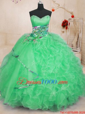 Apple Green Sleeveless Floor Length Beading and Ruffles Lace Up Vestidos de Quinceanera