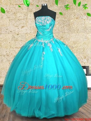Most Popular Aqua Blue Lace Up Strapless Appliques and Ruching 15th Birthday Dress Tulle Sleeveless