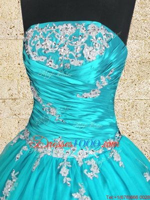Most Popular Aqua Blue Lace Up Strapless Appliques and Ruching 15th Birthday Dress Tulle Sleeveless
