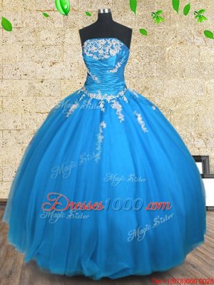 Sleeveless Tulle Floor Length Lace Up Quinceanera Gown in Blue for with Appliques and Ruching