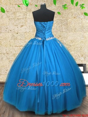 Sleeveless Tulle Floor Length Lace Up Quinceanera Gown in Blue for with Appliques and Ruching