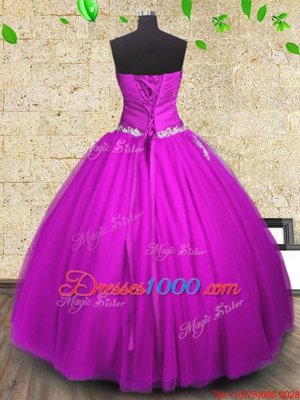 Sleeveless Tulle Floor Length Lace Up Quinceanera Gown in Fuchsia for with Appliques and Ruching