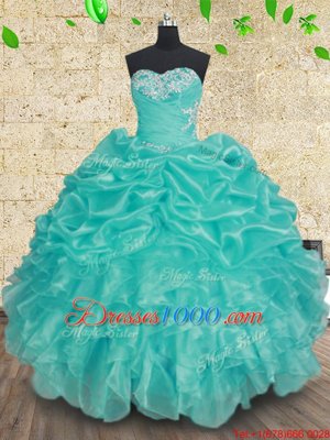 Delicate Beading and Ruffles and Ruching Quince Ball Gowns Aqua Blue Lace Up Sleeveless Floor Length