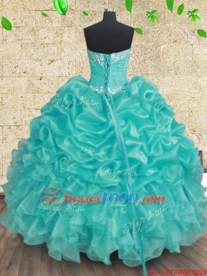 Delicate Beading and Ruffles and Ruching Quince Ball Gowns Aqua Blue Lace Up Sleeveless Floor Length