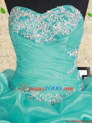 Delicate Beading and Ruffles and Ruching Quince Ball Gowns Aqua Blue Lace Up Sleeveless Floor Length