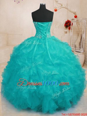 Chic Floor Length Aqua Blue Sweet 16 Dress Sweetheart Sleeveless Lace Up
