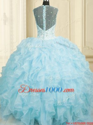 High End Ball Gowns Quinceanera Gowns Baby Blue Straps Organza Sleeveless Floor Length Lace Up