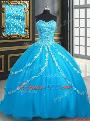 Baby Blue Ball Gowns Beading and Appliques Quinceanera Dresses Lace Up Tulle Sleeveless With Train