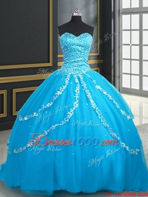 Baby Blue Ball Gowns Beading and Appliques Quinceanera Dresses Lace Up Tulle Sleeveless With Train