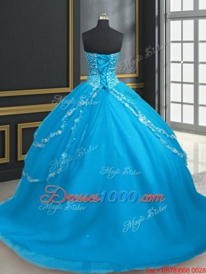Baby Blue Ball Gowns Beading and Appliques Quinceanera Dresses Lace Up Tulle Sleeveless With Train