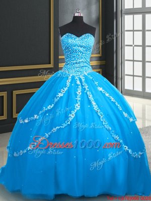 Sleeveless With Train Beading and Appliques Lace Up Quinceanera Dresses with Aqua Blue Brush Train