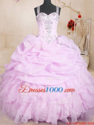 Pick Ups Ball Gowns Quinceanera Dresses Lilac Straps Organza Sleeveless Floor Length Lace Up