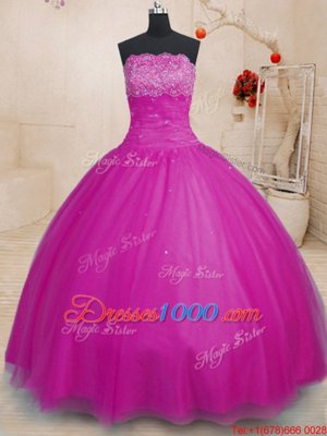 Graceful Strapless Sleeveless Sweet 16 Dress Floor Length Beading Fuchsia Tulle