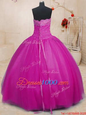 Graceful Strapless Sleeveless Sweet 16 Dress Floor Length Beading Fuchsia Tulle
