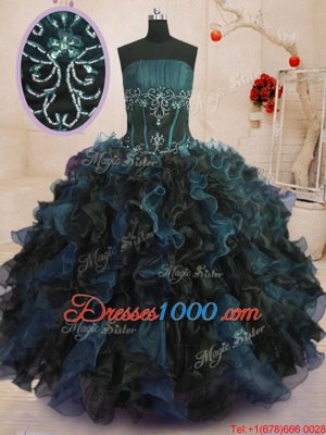 Multi-color Quince Ball Gowns Military Ball and Sweet 16 and Quinceanera and For with Beading and Ruffles Strapless Sleeveless Lace Up