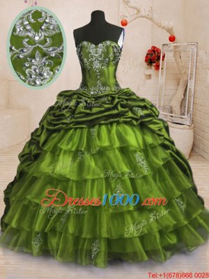 Chic Beading and Appliques and Ruffled Layers and Pick Ups Sweet 16 Quinceanera Dress Olive Green Lace Up Sleeveless With Train Sweep Train
