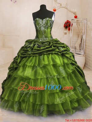 Chic Beading and Appliques and Ruffled Layers and Pick Ups Sweet 16 Quinceanera Dress Olive Green Lace Up Sleeveless With Train Sweep Train