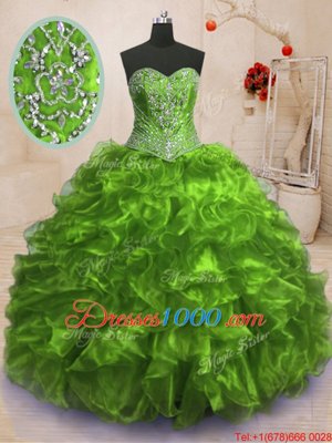 Noble Olive Green Lace Up Quinceanera Dress Beading and Ruffles Sleeveless With Train Sweep Train