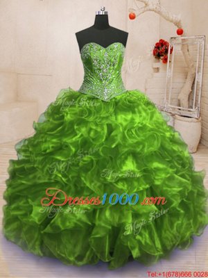 Noble Olive Green Lace Up Quinceanera Dress Beading and Ruffles Sleeveless With Train Sweep Train