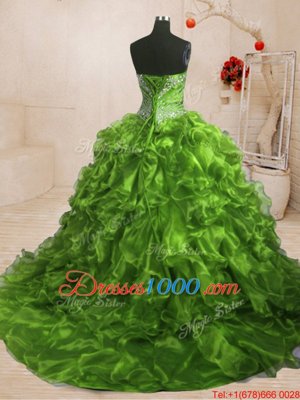 Noble Olive Green Lace Up Quinceanera Dress Beading and Ruffles Sleeveless With Train Sweep Train