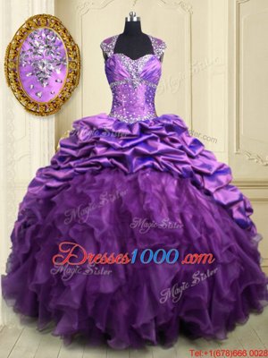 Stunning Organza and Taffeta Cap Sleeves With Train Sweet 16 Dresses Brush Train and Beading and Ruffles and Pick Ups