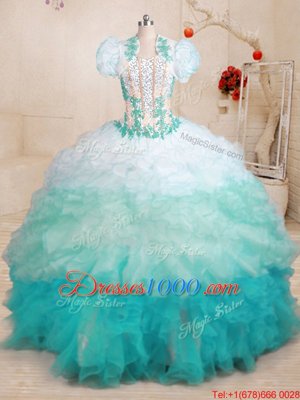 Noble Multi-color Organza Lace Up Sweetheart Sleeveless With Train Ball Gown Prom Dress Brush Train Beading and Appliques and Ruffles