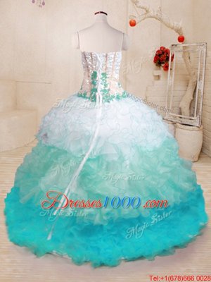 Noble Multi-color Organza Lace Up Sweetheart Sleeveless With Train Ball Gown Prom Dress Brush Train Beading and Appliques and Ruffles