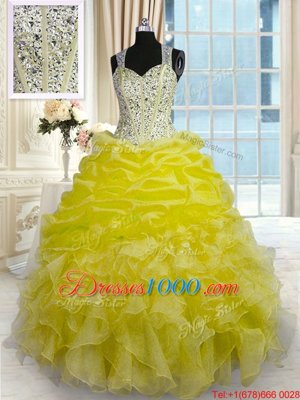 Admirable Organza Straps Sleeveless Zipper Beading and Ruffles Quinceanera Gown in Yellow