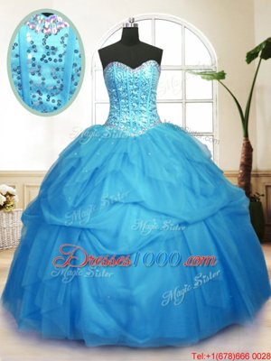 Aqua Blue Ball Gowns Beading Quince Ball Gowns Lace Up Organza Sleeveless Floor Length
