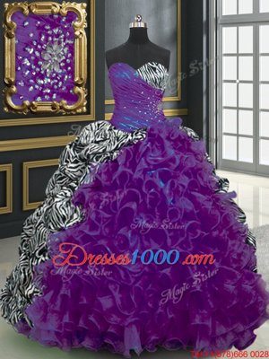 Printed Sleeveless Brush Train Beading and Ruffles and Pattern Lace Up Vestidos de Quinceanera